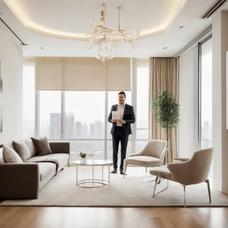 Luxury apartment living room with panoramic city view